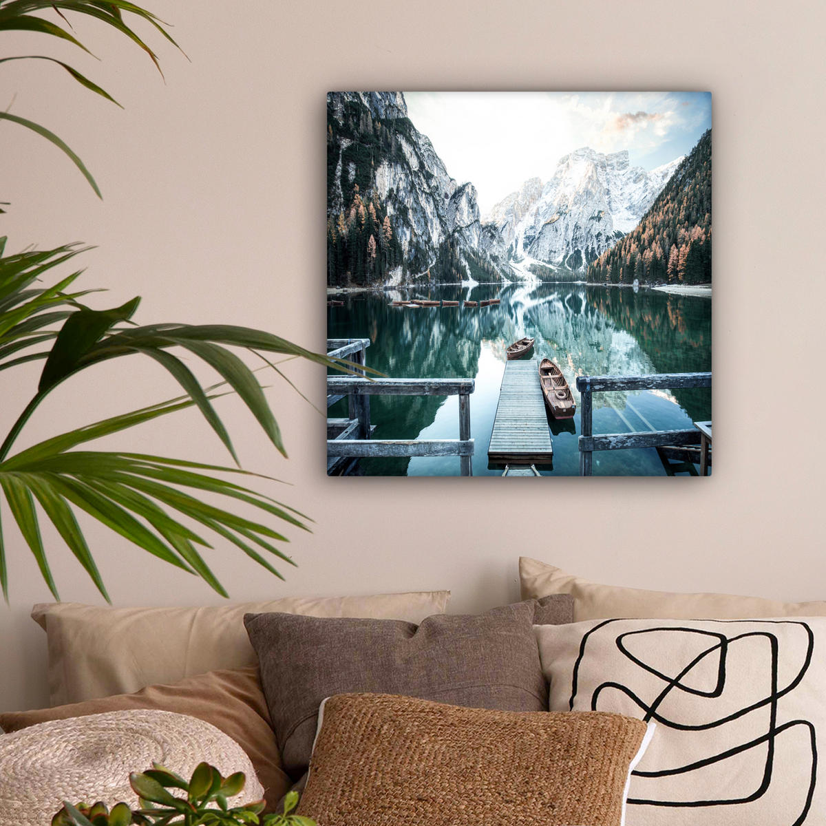 LEINWANDBILD Natur - Berge - Schnee - Wald - Boot 50x50 cm - Hellgrün, Textil (50/50cm) - MuchoWow