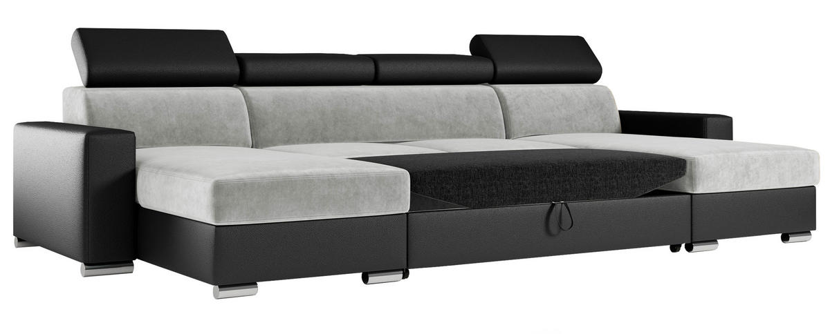 WOHNLANDSCHAFT FOX U Hellgrau/Schwarz - Velvet/Kunstleder - Silberfarben/Hellgrau, Kunststoff/Textil (306/98/168cm) - MKS