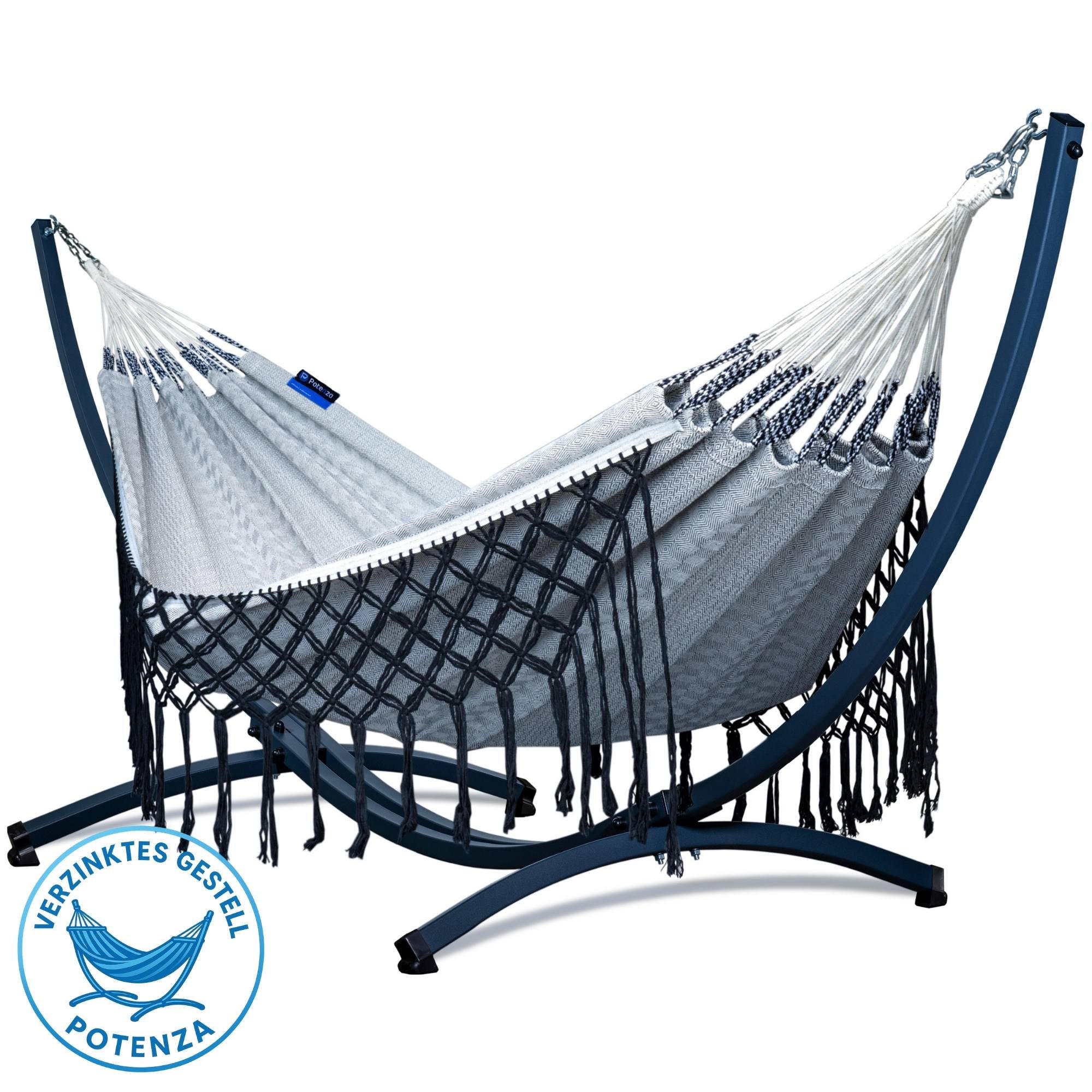 HÄNGEMATTE mit Verzinktem Gestell, 2 Personen, XXL, 200 kg, Metall, Medelin Boho Grau, einfache Montage - Grau, Metall (370/130/120cm) - Potenza