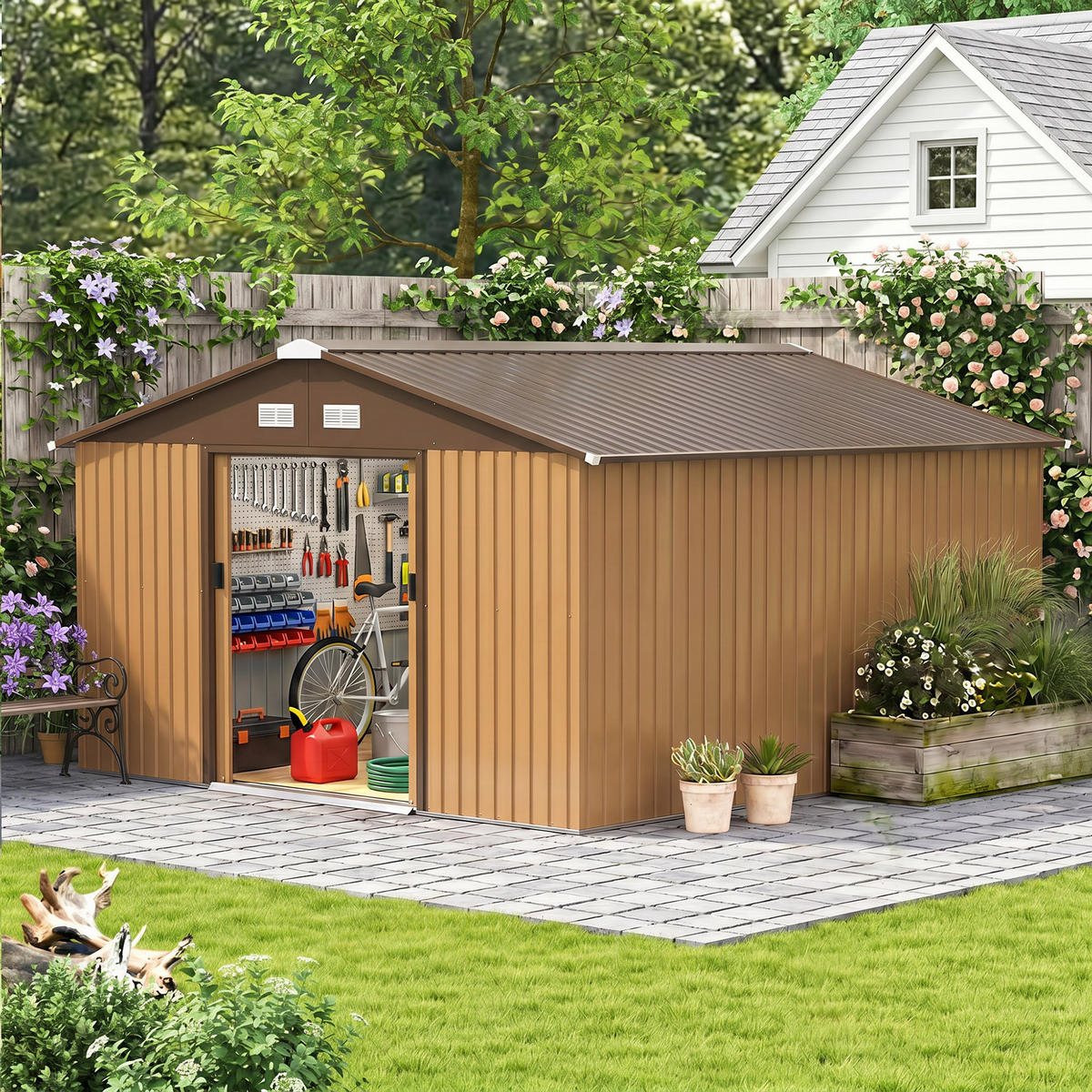 GERÄTEHAUS Geräteschuppen Gartenschrank Geräteschrank Metall Braun - Braun, Metall (340/200/386cm) - Outsunny