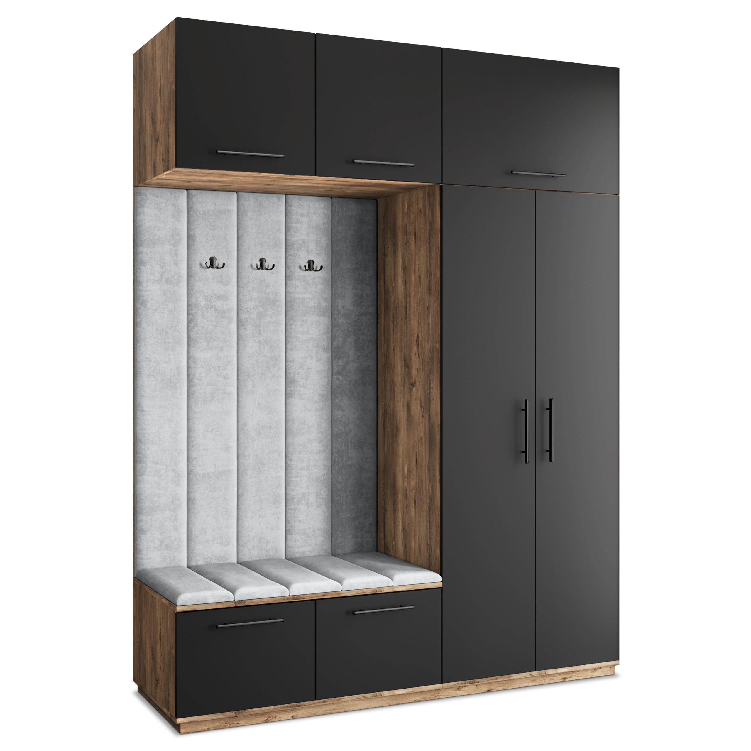Masseno Garderobenschrank Eiche, Schwarz, Hellgrau 180x240x60 cm
