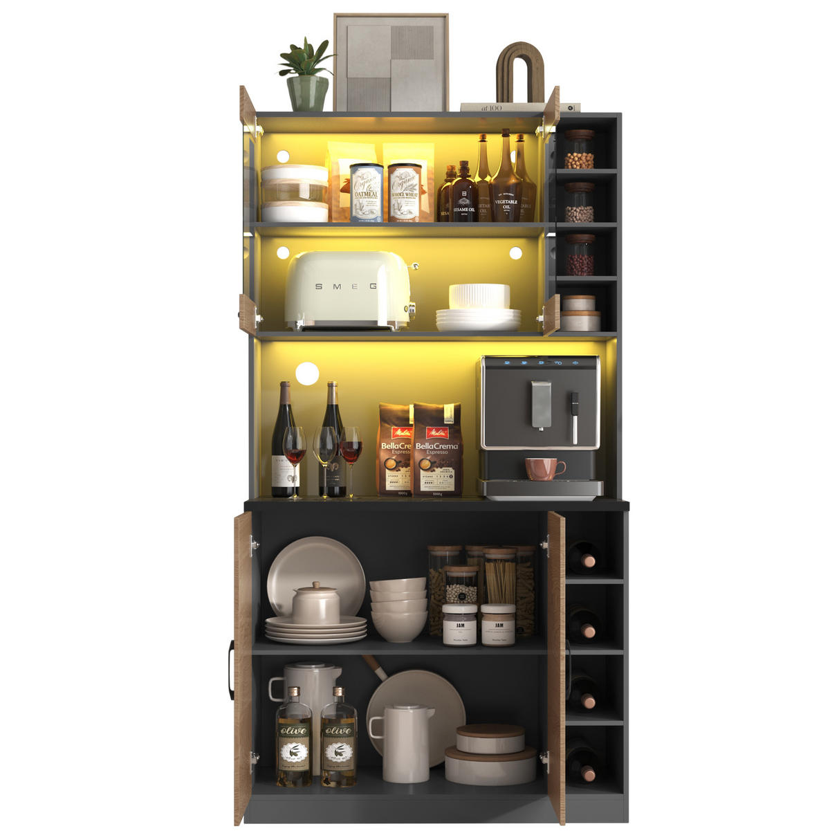 BUFFET Aufbewahrungsschrank 100x47x187cm Natur mit Glas & LED Beleuchtung - Naturfarben, Holzwerkstoff (100/187/47cm) - Modfu