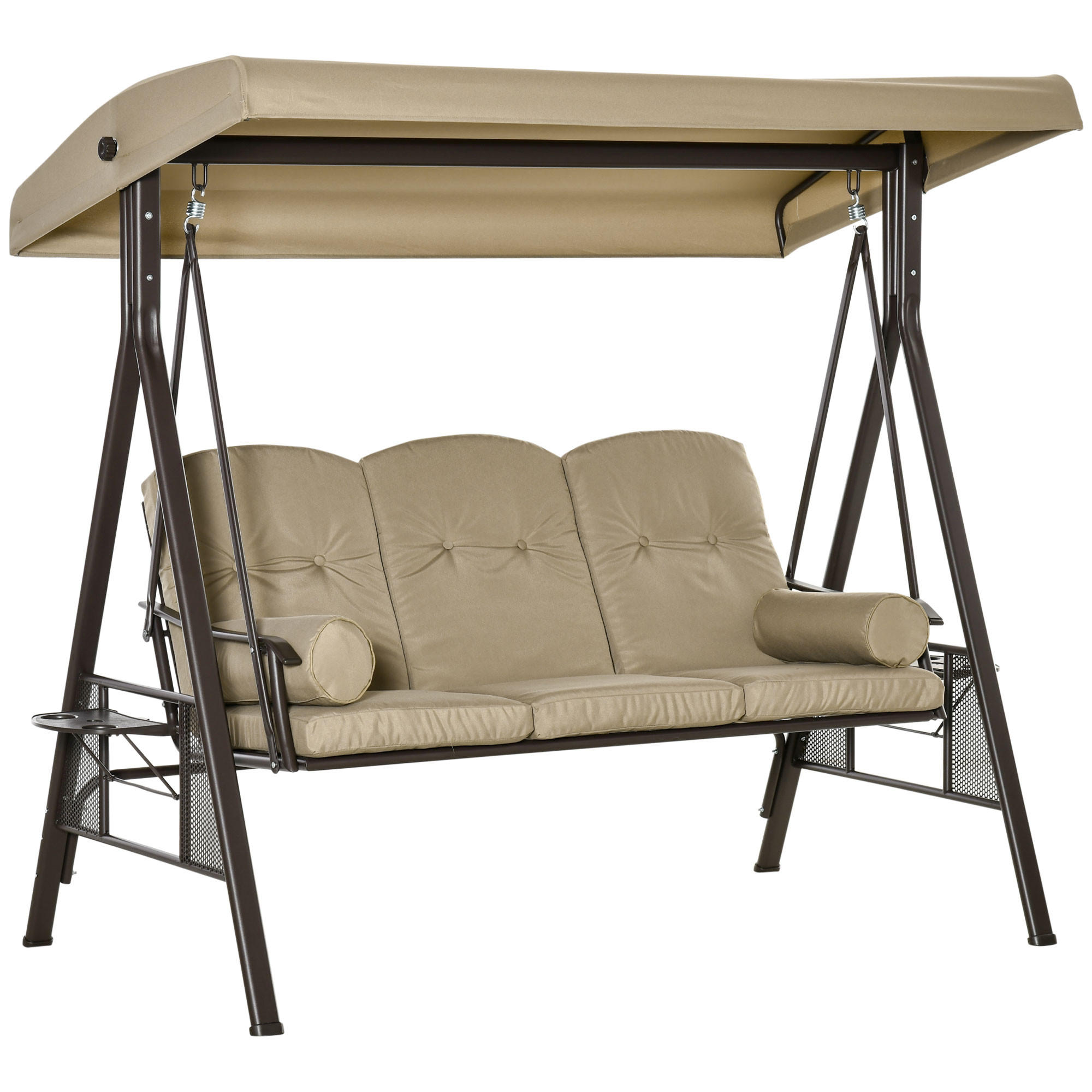 HOLLYWOODSCHAUKEL, mit Sonnendach Kissen, Metall, Khaki, 116 x 206 x 183 cm - Braun, Metall (206/183/116cm) - Outsunny