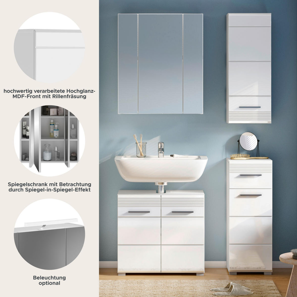 BADKOMBINATION 4tlg. Linus Bad in weiß Nachbildung und weiß hochglanz tiefzieh B/H/T: 106x182x34 cm - Weiß, Holz (106/182/34cm)