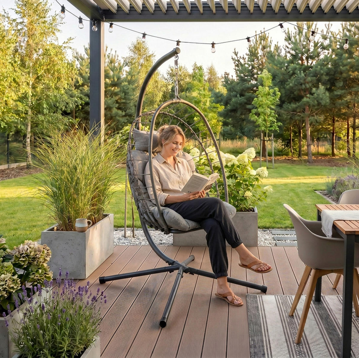 HÄNGESESSEL Mykonos mit stabiler Stahlrahmen, 109 cm, Grau - Grau, Metall (109/192/124cm) - Beautysofa