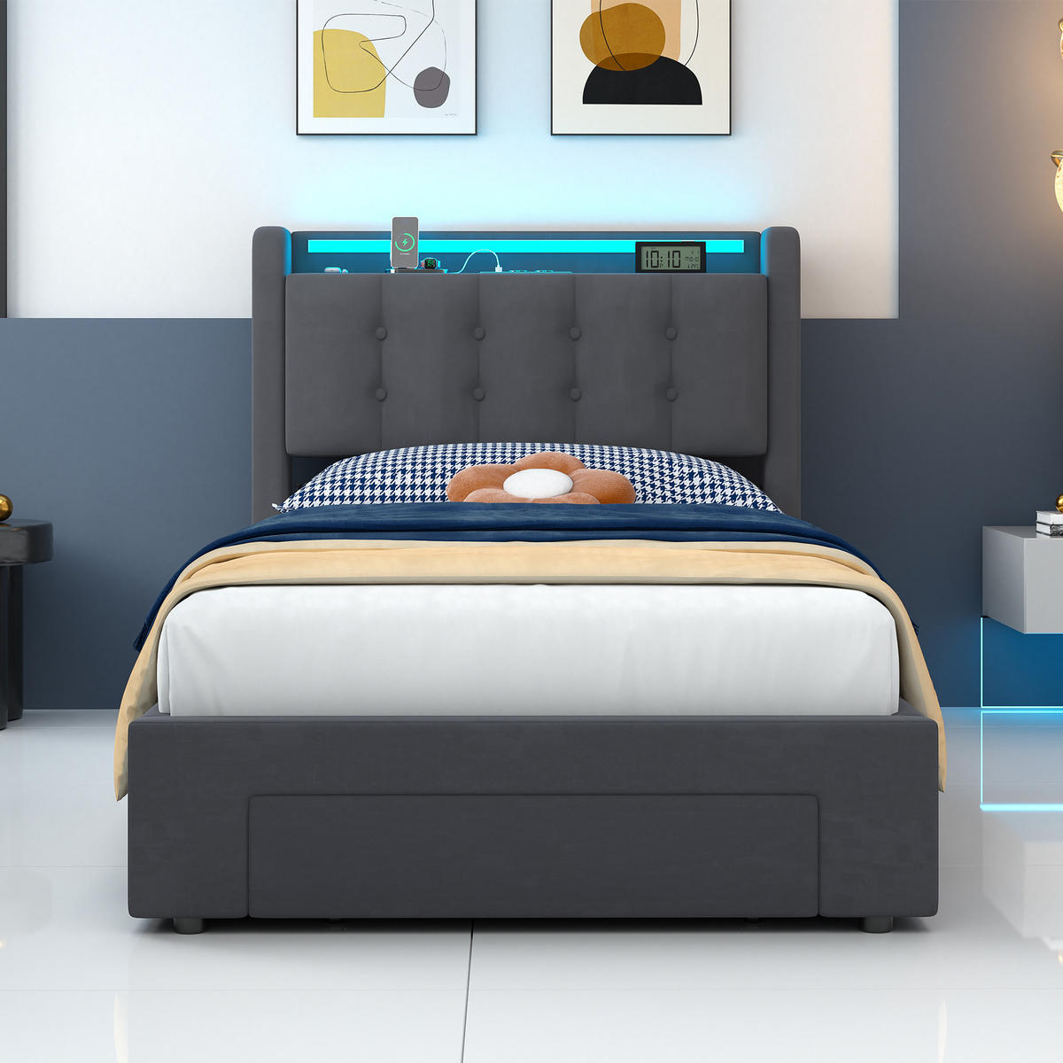 POLSTERBETT 90x200 cm in Dunkelgrau Samt mit Bettkasten, Schubladen und USB/LED-Beleuchtung, Einzelbett - Dunkelgrau, Holzwerkstoff/Textil (90/200cm) - CHICFURN