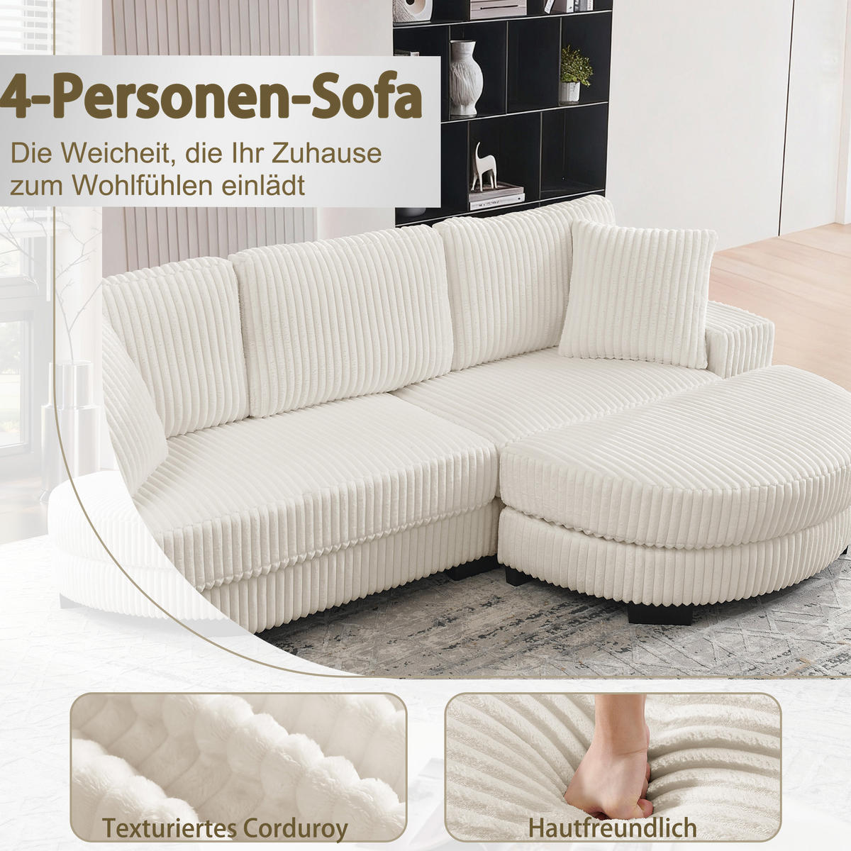 ECKSOFA 256.5/133.5/89 cm Beige Cord mit 2 Kissen und ovaler Fußhocker - Beige, Textil (133.5/89/256.5cm) - Oxeza