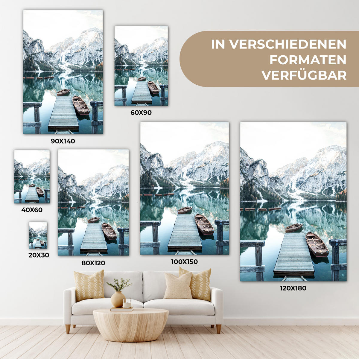 LEINWANDBILD Natur - Berge - Schnee - Wald - Boot 80x120 cm - Hellgrün, Textil (80/120cm) - MuchoWow