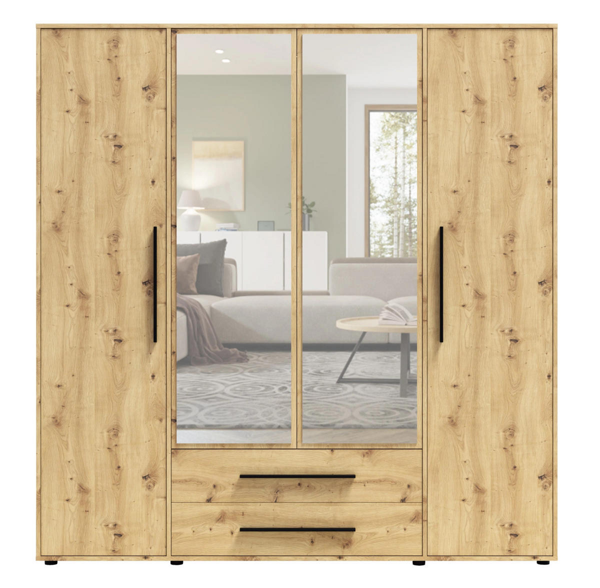 KLEIDERSCHRANK Modena in der Farbe Artisan-Eiche, mit Spiegel, mit Tür, mit Türen und Schubladen - Schwarz/Eiche Artisan, Holzwerkstoff/Kunststoff (200/206/59cm) - Ravio