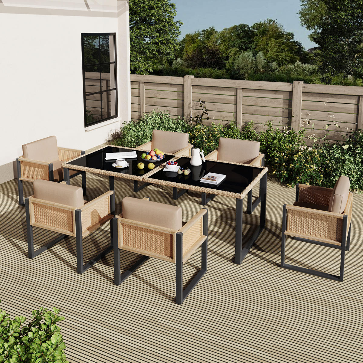 ESSGRUPPE 6-PERSONEN mit Sesseln und waschbaren Bezügen - Braun, Textil - BLACKCUP