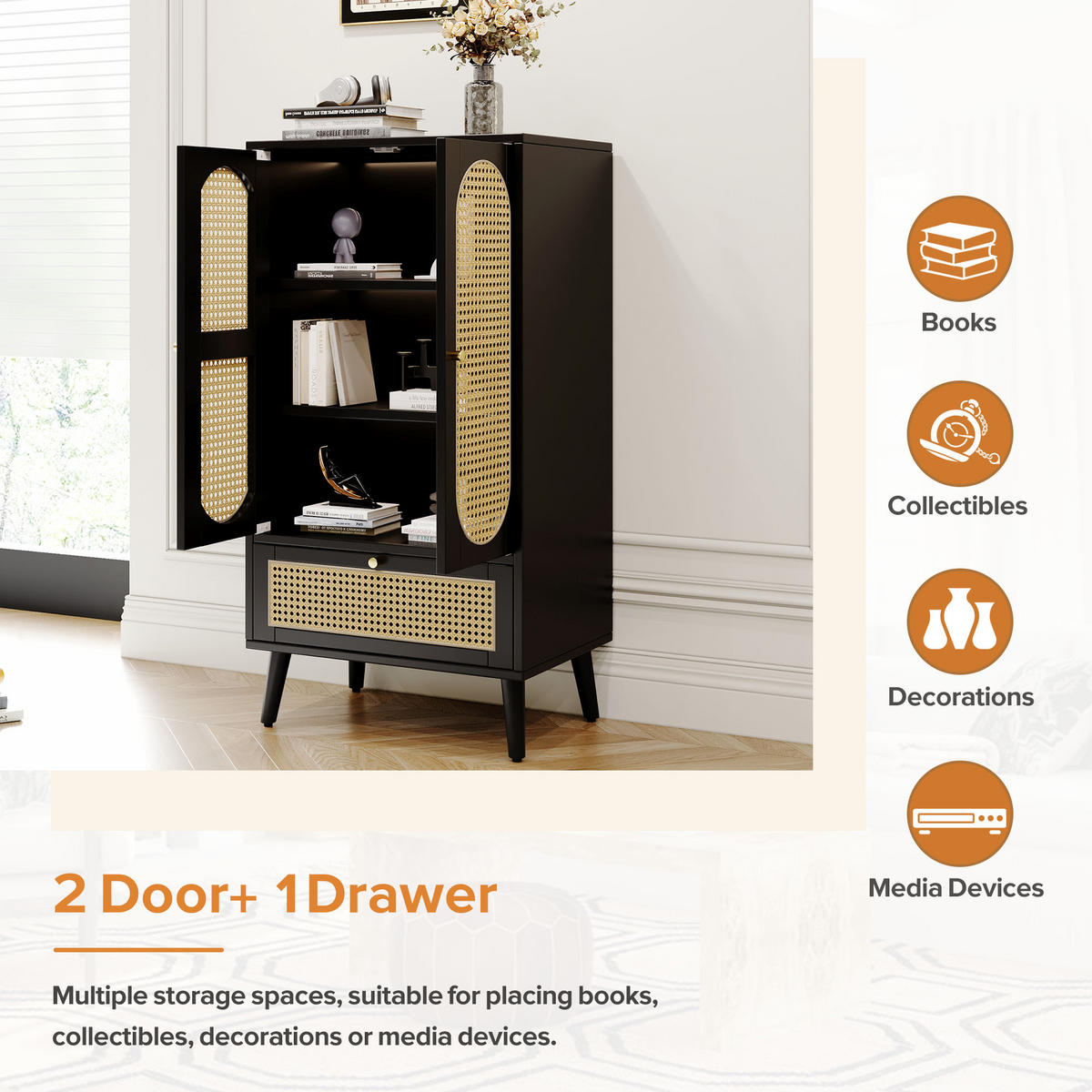 HIGHBOARD DE-38237 60/40/110,5 cm mit 2 Türen und 1 Schublade Schwarz - Schwarz, Holzwerkstoff (60/110.5/40cm) - ComfortXL