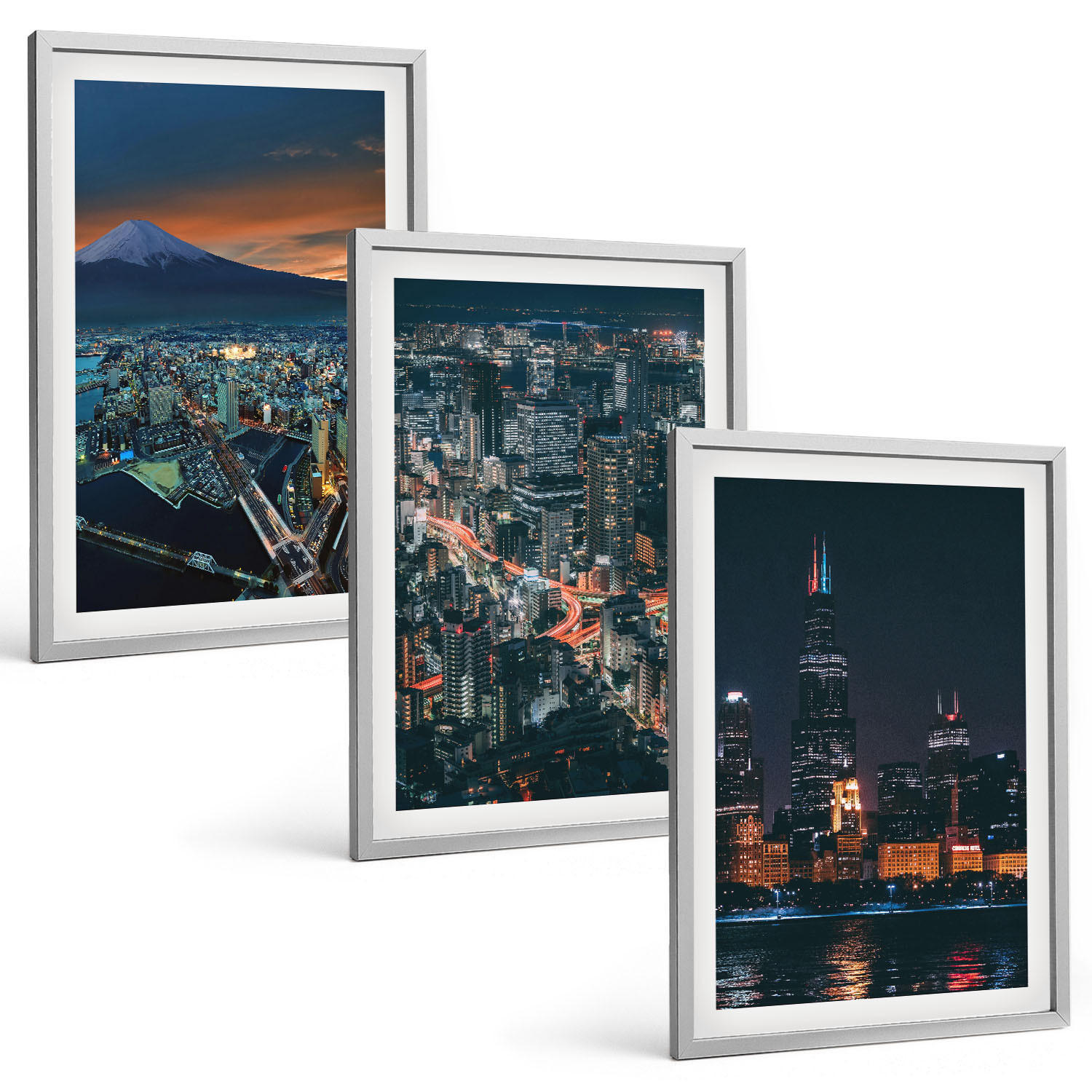 BILDER SET 3er Set - 40x60 cm Silberner Rahmen - Bergpanorama der Stadt bei Nacht - Silberfarben, Kunststoff (40/60cm) - TULUP