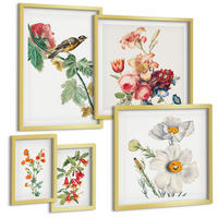 BILDER SET 5er Set - 50x50 cm & 20x30 cm & 40x60 cm Goldrahmen - Gemalte Blumen, Retro-Vogel - Goldfarben, Kunststoff (40/60cm) - TULUP
