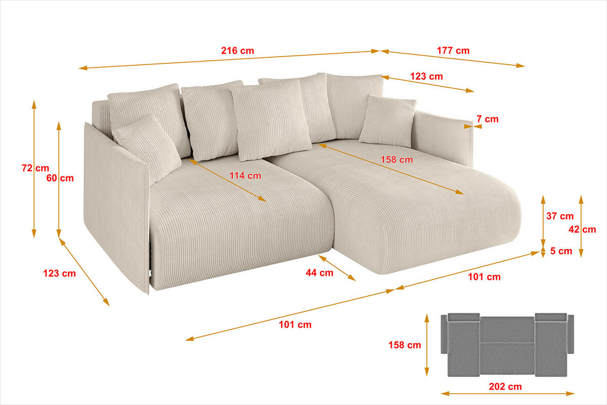 ECKSOFA Ottomane rechts ONESK-L 216x177x72 Beige Cord - Beige, Holzwerkstoff/Kunststoff (177/216cm) - ALTDECOR