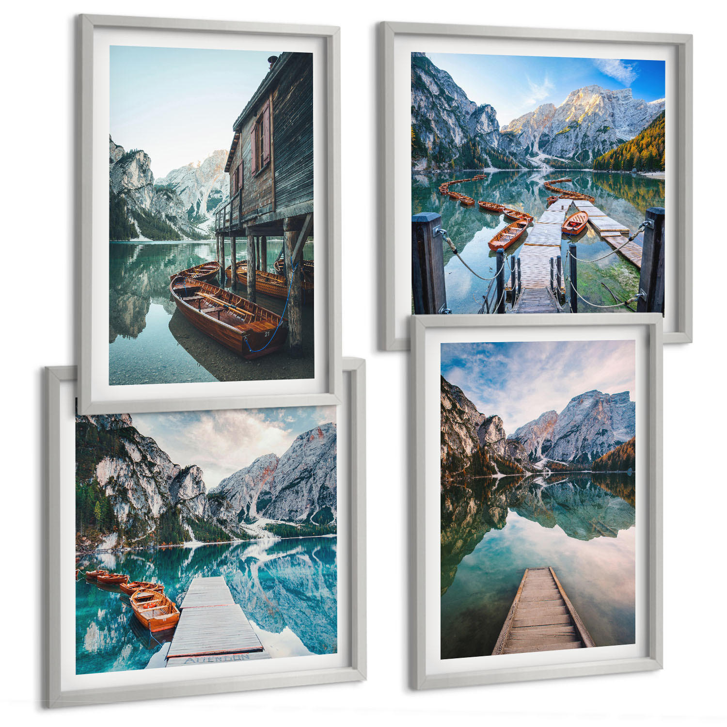 BILDER SET 4er Set - 50x50 cm & 40x60 cm Silberner Rahmen - See Berge Holzboote - Silberfarben, Kunststoff (50/50cm) - TULUP