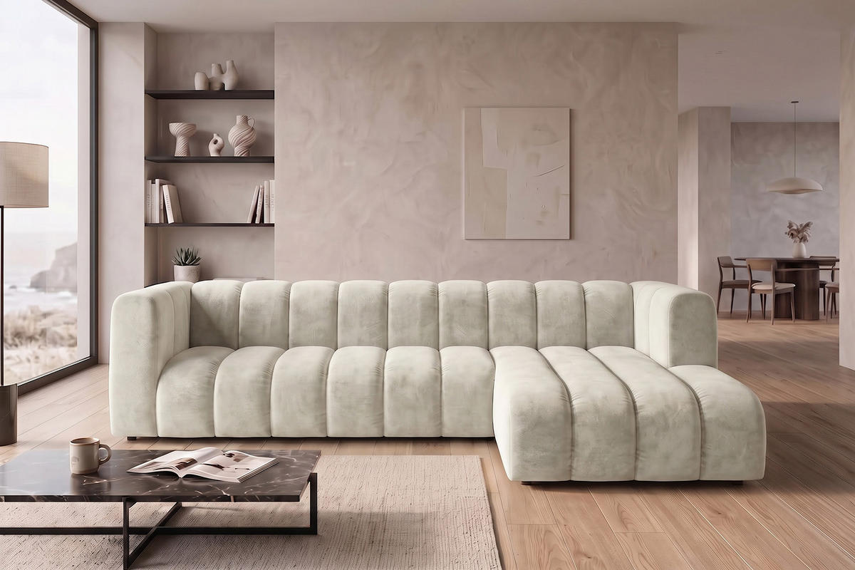 ECKSOFA Modulares In L-Form, Velvet-Stoff Riviera, Ecru, Rechts, GRAND 318 cm - Creme, Holz (318/179cm) - Kaiser Möbel
