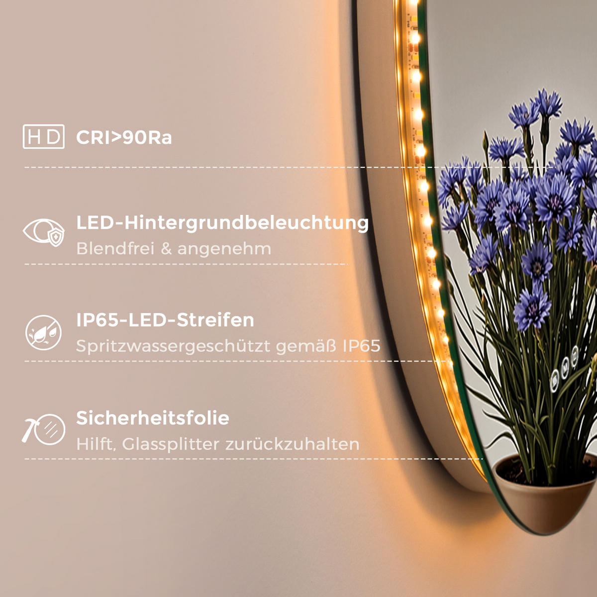 BADEZIMMERSPIEGEL 60 cm rund mit LED-Beleuchtung, dimmbar und Antibeschlag - Transparent, Glas (60/60/3.5cm) - S'AFIELINA