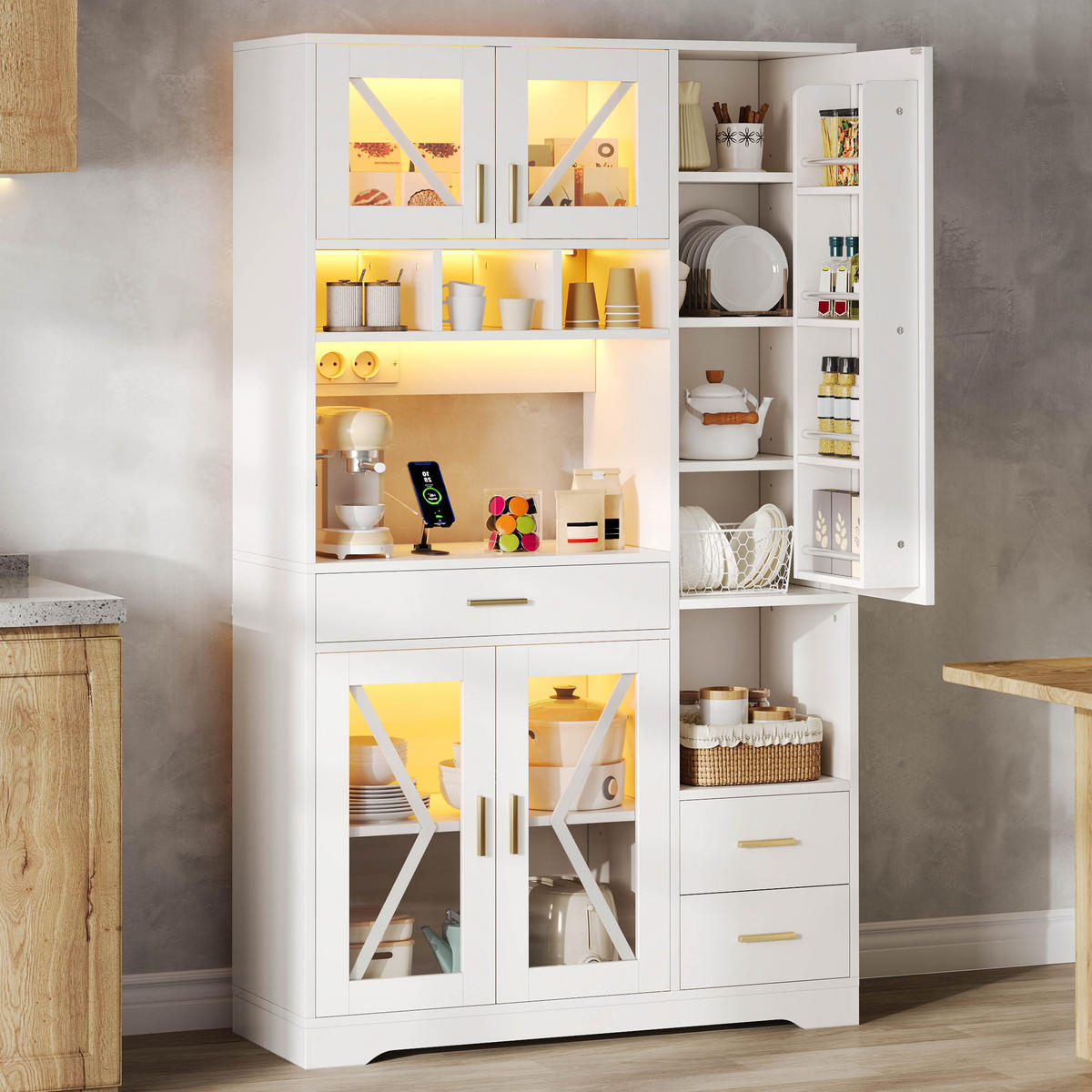 BUFFET Küchenschrank mit Glastüren & vielseitigem Stauraum, 185/105/40 cm, Holzwerkstoff, ohne Farbangabe - Weiß, Glas/Holzwerkstoff (105/185/40cm) - EVRYAE
