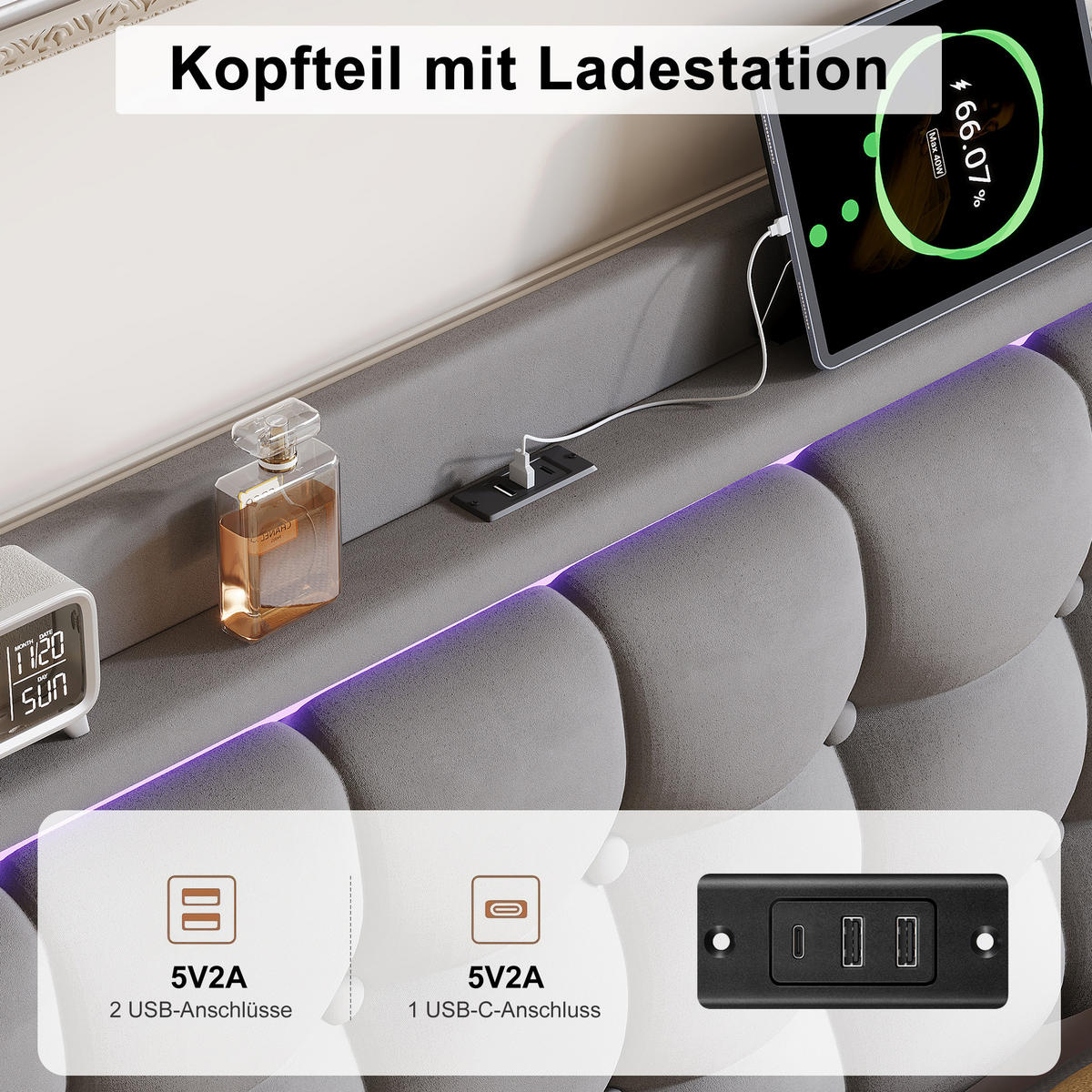 POLSTERBETT 160x200 cm mit LED und USB, Doppelbett mit Lattenrost und Kopfteil, Samtbezug, Grau - Grau, Holzwerkstoff/Textil (160/200cm) - GENKI LIVING