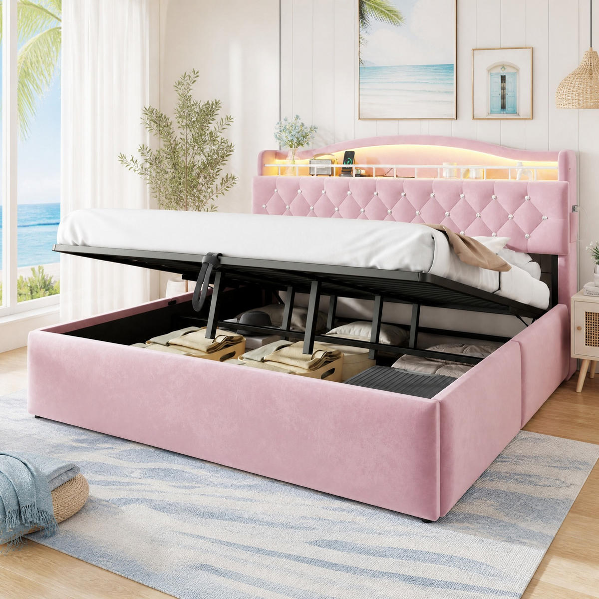 POLSTERBETT 180/200 cm aus Samt und Metall mit Stauraum Rosa - Pink, Textil (180/200cm) - OKMYHOME