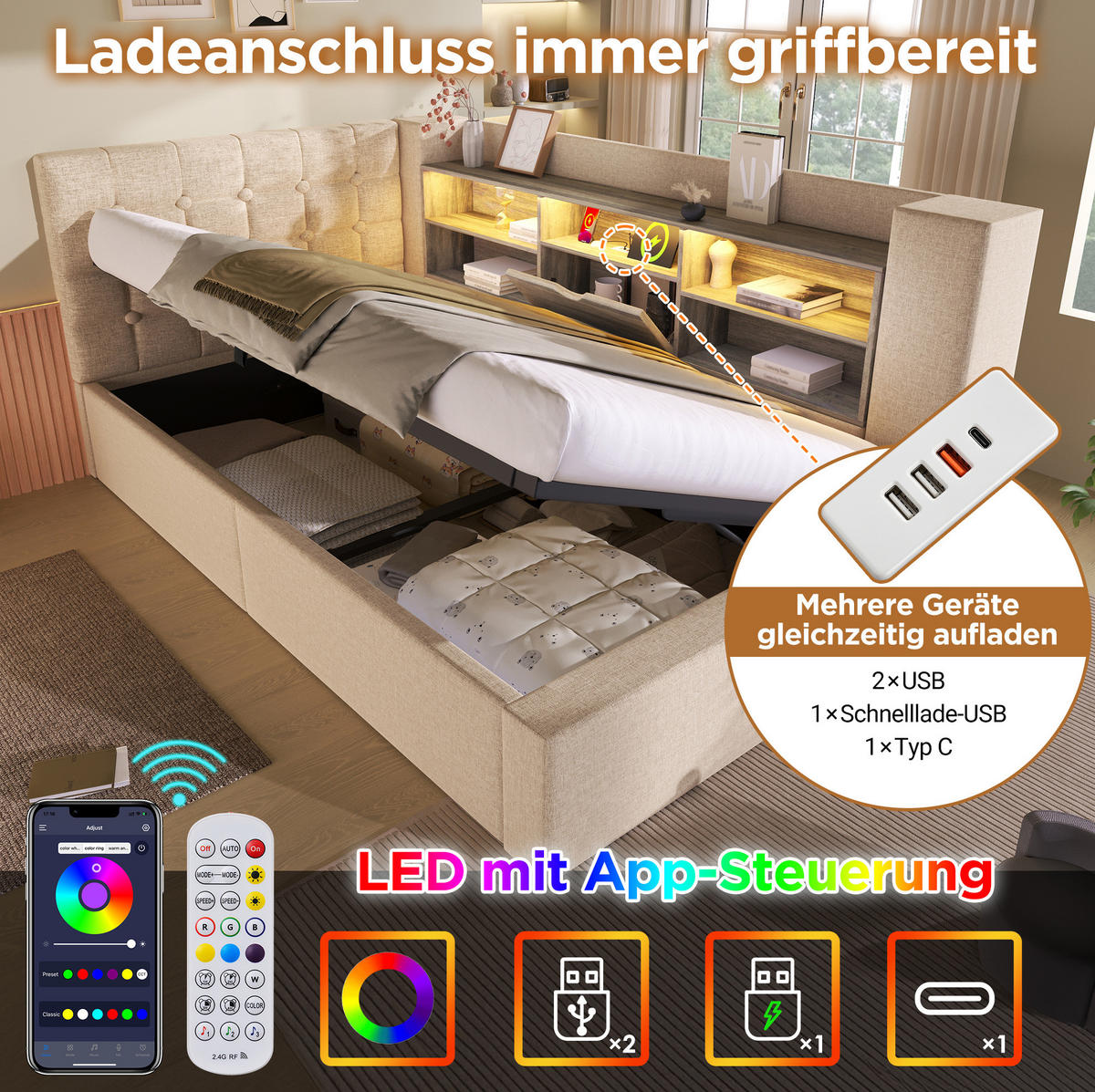 POLSTERBETT 90/200 cm Beige mit LED-Beleuchtung, Stauraum und USB-/Type-C-Anschlüssen - Beige, Textil (90/200cm) - Flora Grace