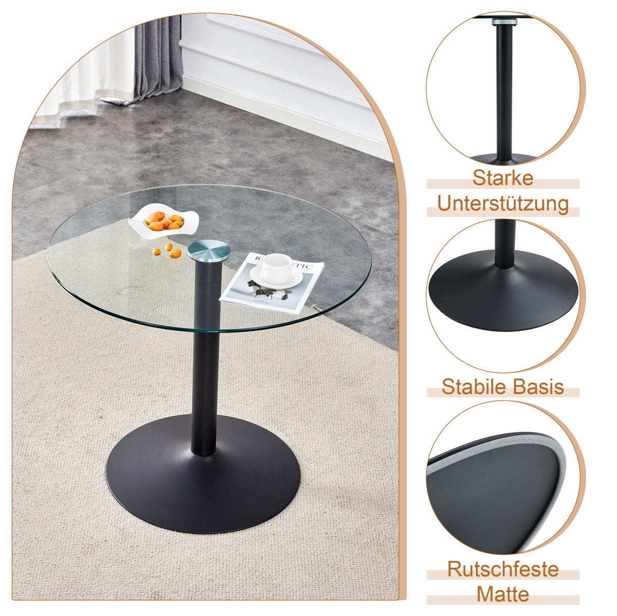 ESSZIMMERTISCH-SET mit 2 Stühlen 85 cm Glas Schwarz/Weiß - Schwarz, Metall (85/76/85cm) - Meubliv