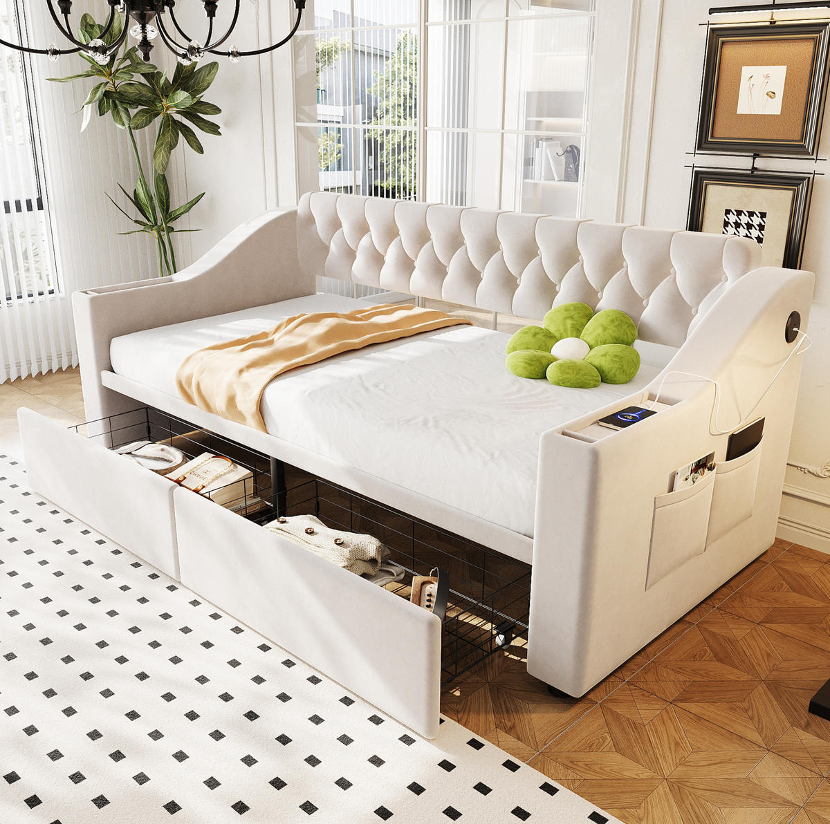 POLSTERBETT 90/190 cm aus Samt mit Stauraum und USB- und Type-C-Anschlüssen - Beige, Textil (90/190cm) - Flora Grace