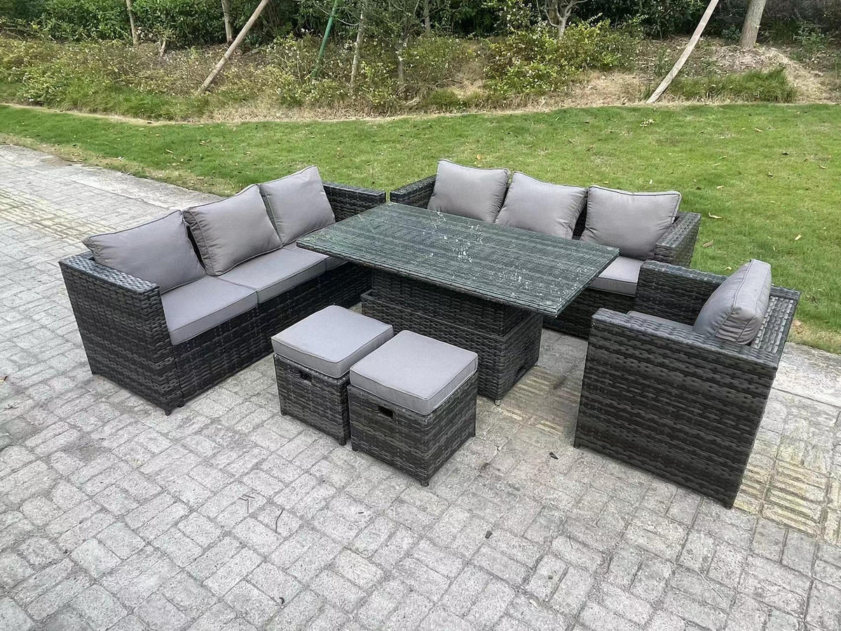GARTENMÖBEL HÖHENVERSTELLBARER ESSTISCH SET Polyrattan 9-Sitzer - Dunkelgrau/Grau, Glas/Kunststoff - Fimous