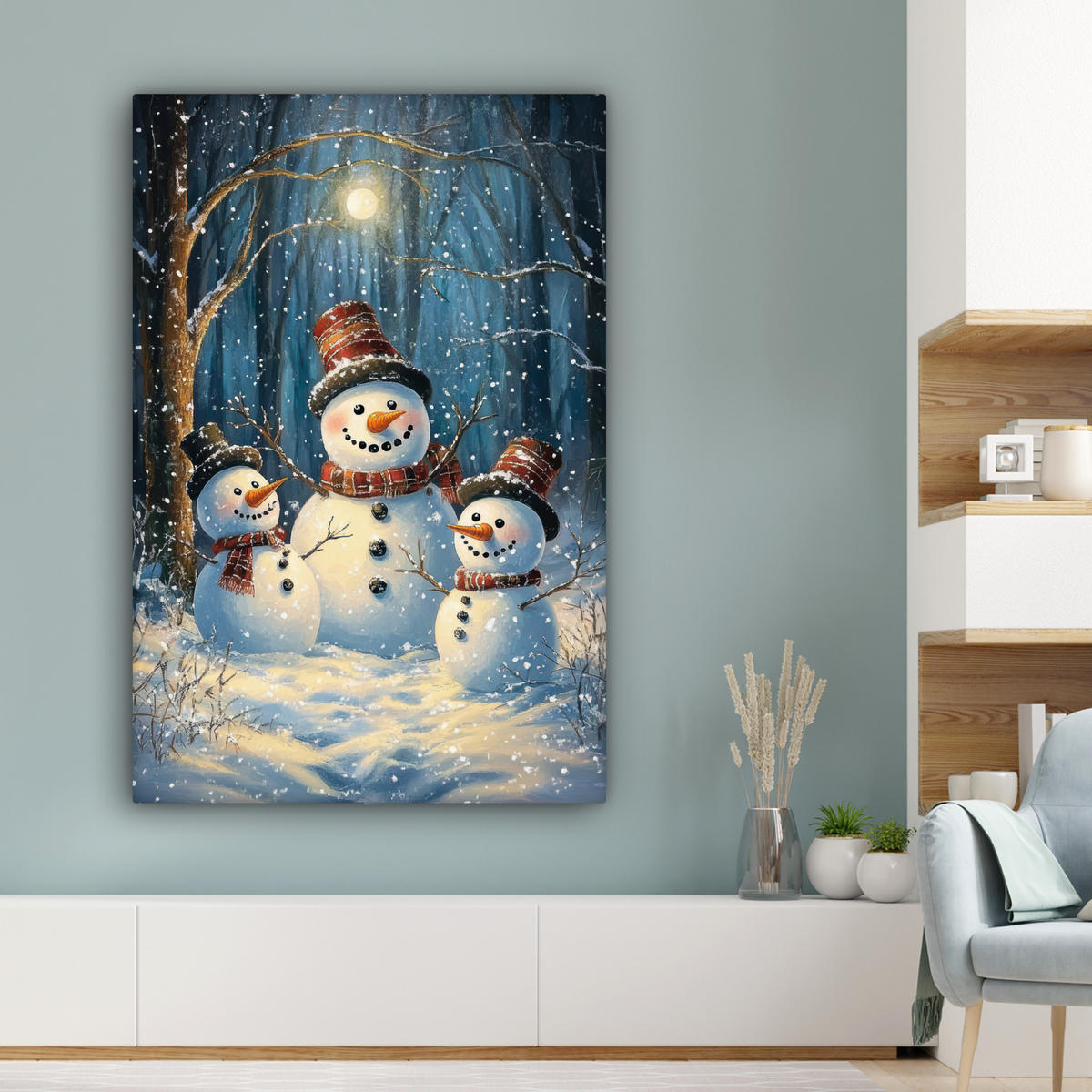 LEINWANDBILD Schneemann - Schnee - Winter - Wald 80x120 cm - Hellblau, Textil (80/120cm) - MuchoWow
