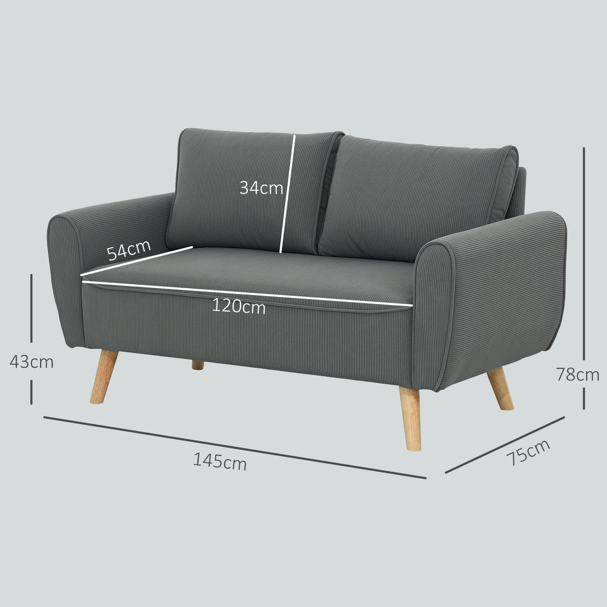 ZWEISITZER Sofa mit 2 Kissen Polstersofa mit 54cm extra tiefen Sitzen Dunkelgrau - Dunkelgrau/Eukalyptusholzfarben, Holz/Textil (75/78/145cm) - HOMCOM