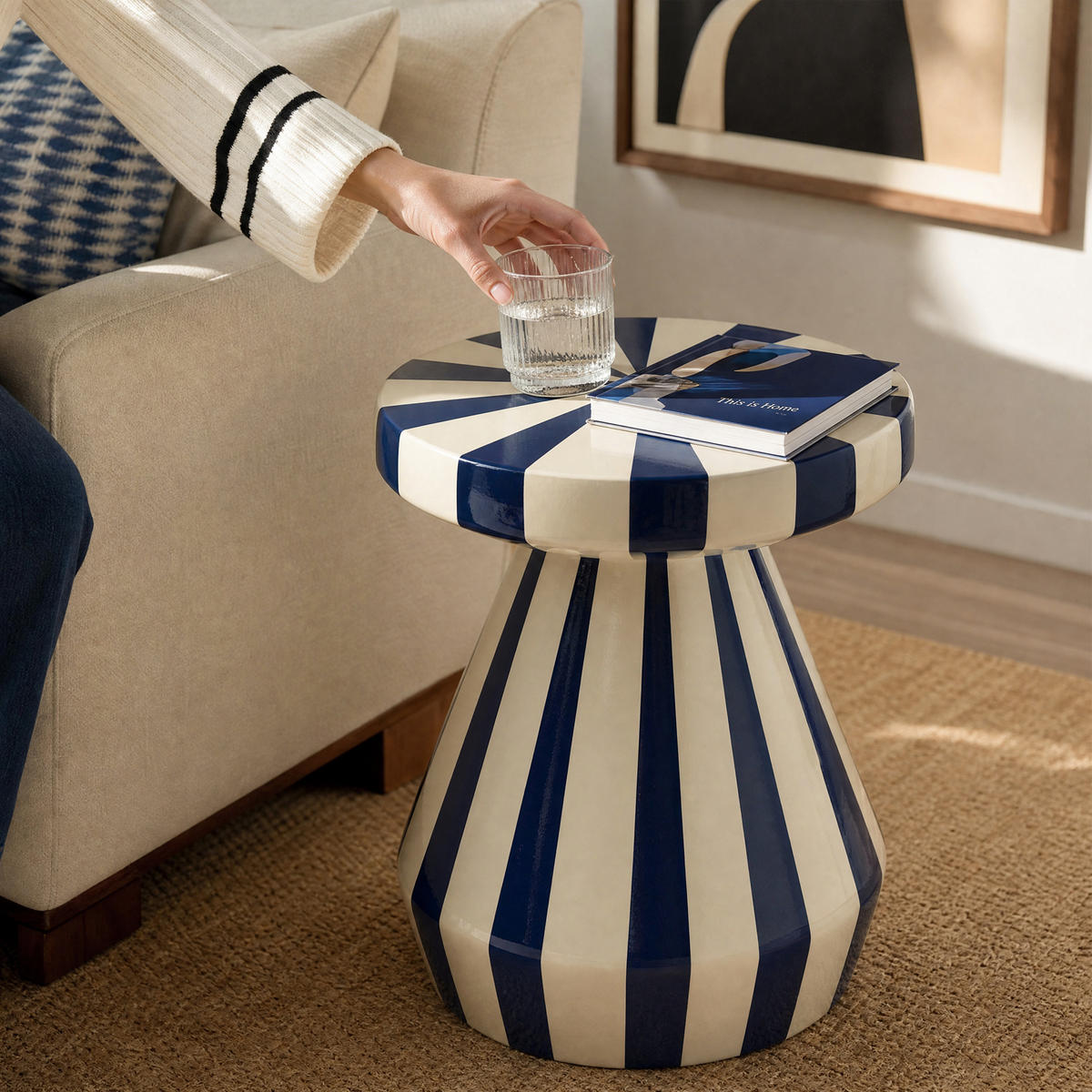 BEISTELLTISCH Rund Magnesiumoxid (MgO) mit Marineblau-Creme Gestreift - Blau, Naturmaterialien (34/34/40cm) - Hometopia