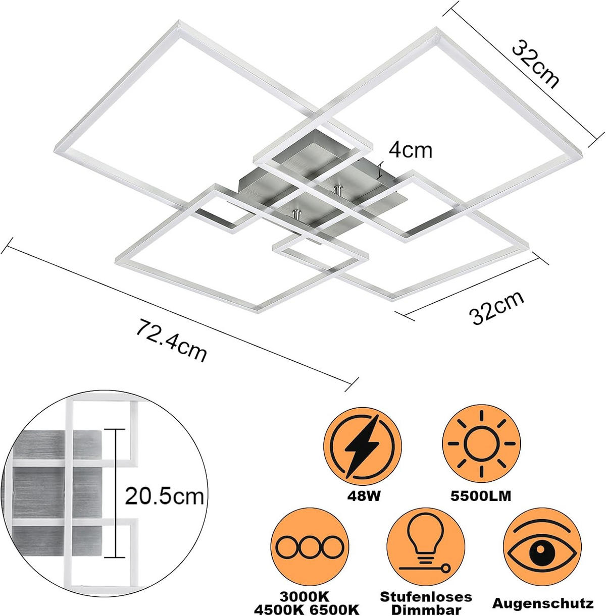 LED-DECKENLEUCHTE Morgengrim 72.4/7.3/72.4 cm - Silberfarben, Metall (72.4/72.4/7.3cm) - ZMH