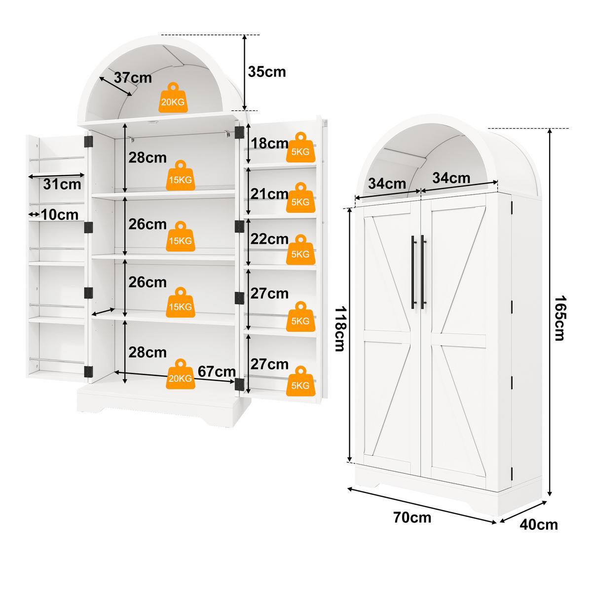 HIGHBOARD Bogenschrank Weiß 165x70x40cm mit Türablagen & offenem Fach Landhausstil - Weiß, Holzwerkstoff (70/165/40cm) - Urban Meuble