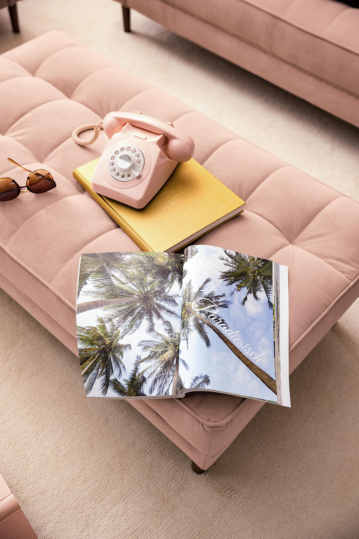 HOCKERBANK - Samt - Rosa, Birkenholz/Textil (124/43/69cm) - home24