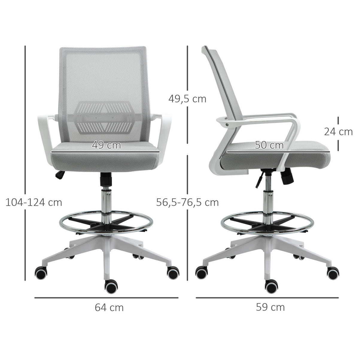 DREHSTUHL 64/59/104-124 cm DE-11672 höhenverstellbar 360° drehbar Grau/Weiß - Grau, Metall (59/124/64cm) - ComfortXL
