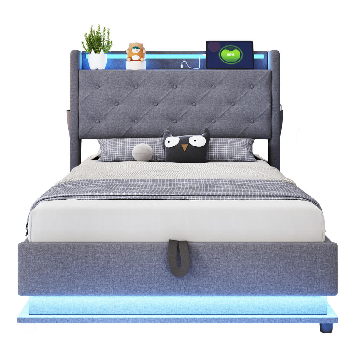 POLSTERBETT 90/200 cm Grau mit LED-Beleuchtung, Stauraum und USB-Anschlüssen - Grau, Textil (90/200cm) - Flora Grace