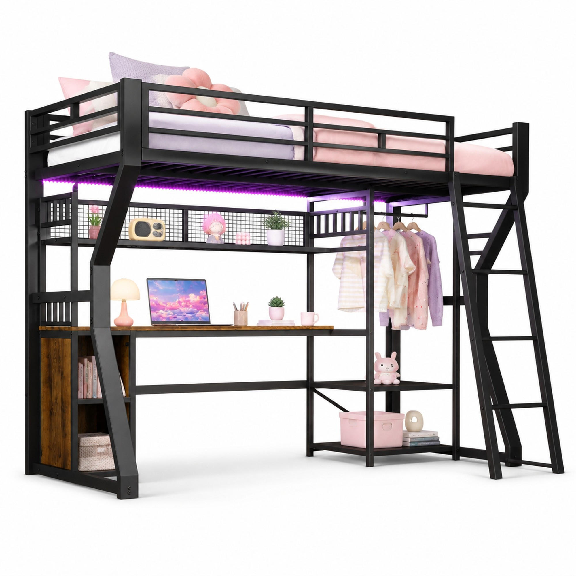 HOCHBETT 90/200 mit Lichtleiste, Steckdose und Schreibtisch in Schwarz - Schwarz, Holzwerkstoff/Metall (90/200cm) - EVRYAE
