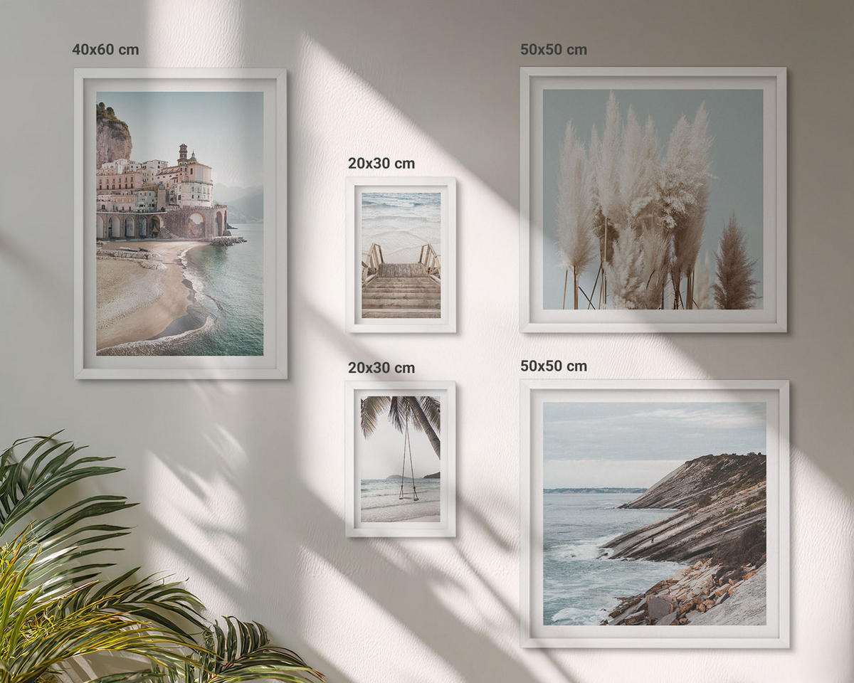 WANDBILDER 5er-Set - 50x50 cm & 20x30 cm & 40x60 cm Weißer Rahmen - Abstrakte Muster beige weiß - Weiß, Kunststoff (40/60cm) - ArtPrintCave