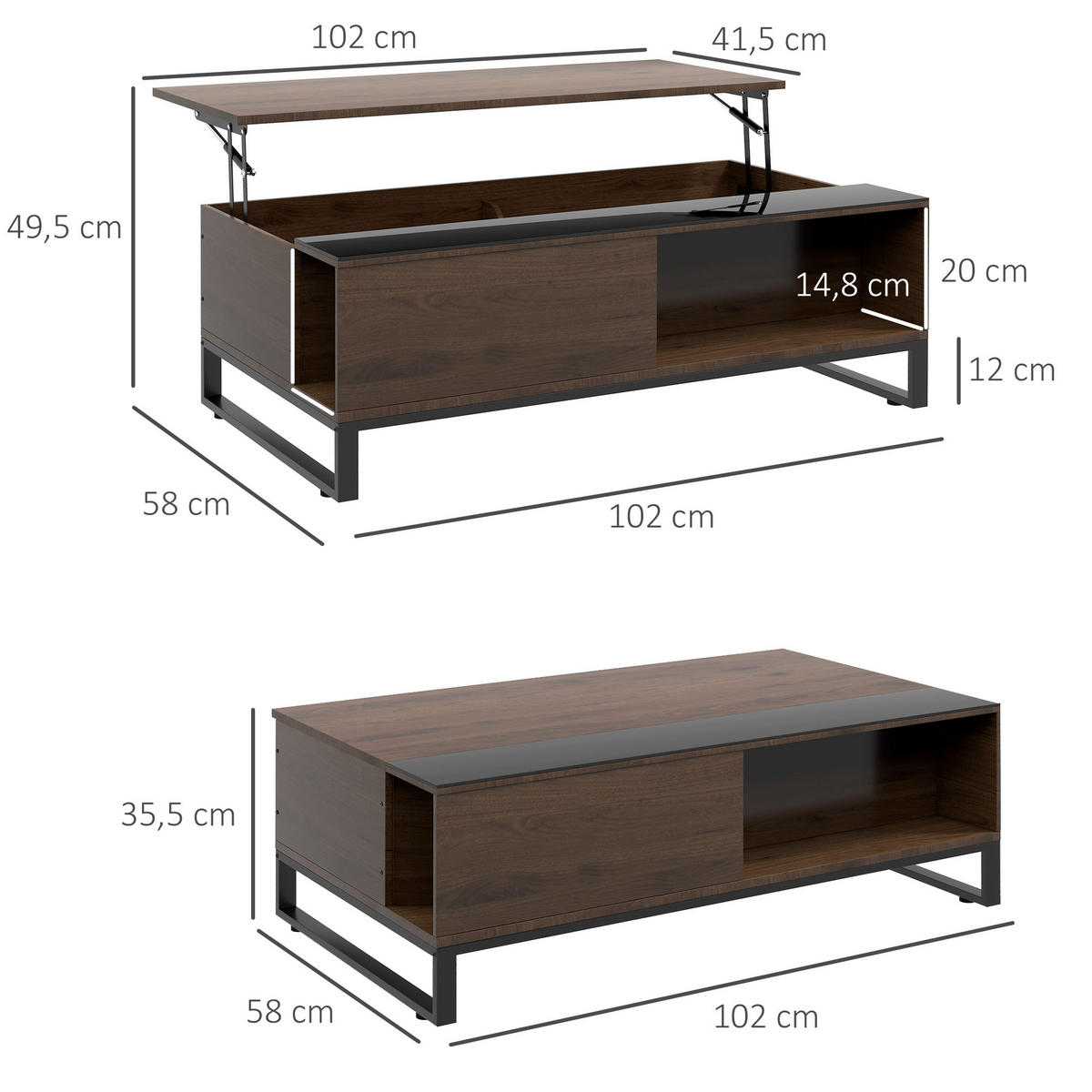 COUCHTISCH Höhenverstellbar, Spanplatte - Walnussfarben, Kunststoff (102/58/35.5cm) - HOMCOM