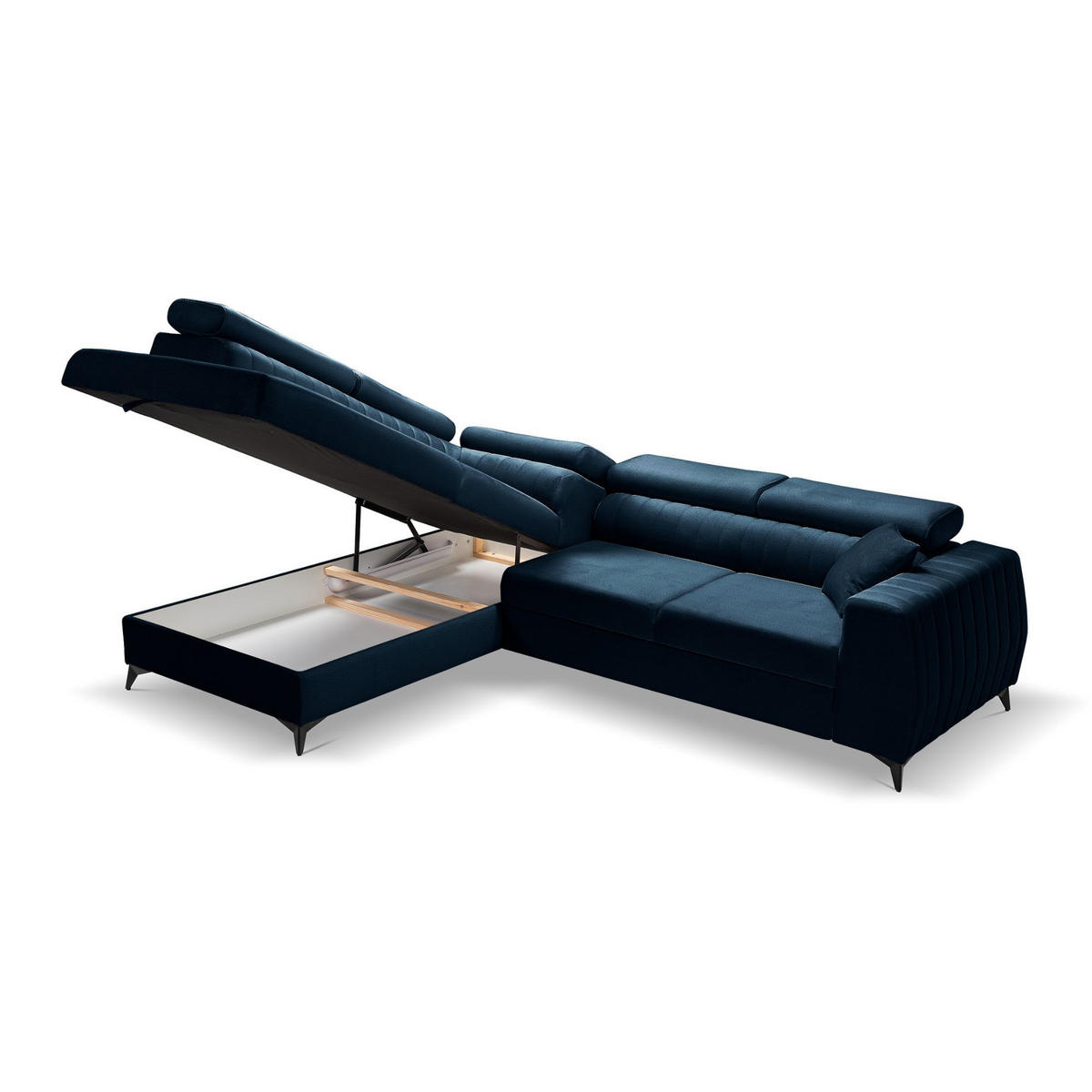 ECKSOFA PIERO L Links mit Schlaffunktion 195x125 Velours Dunkelblau - Schwarz/Dunkelblau, Holz/Textil (268/203cm) - Muffo