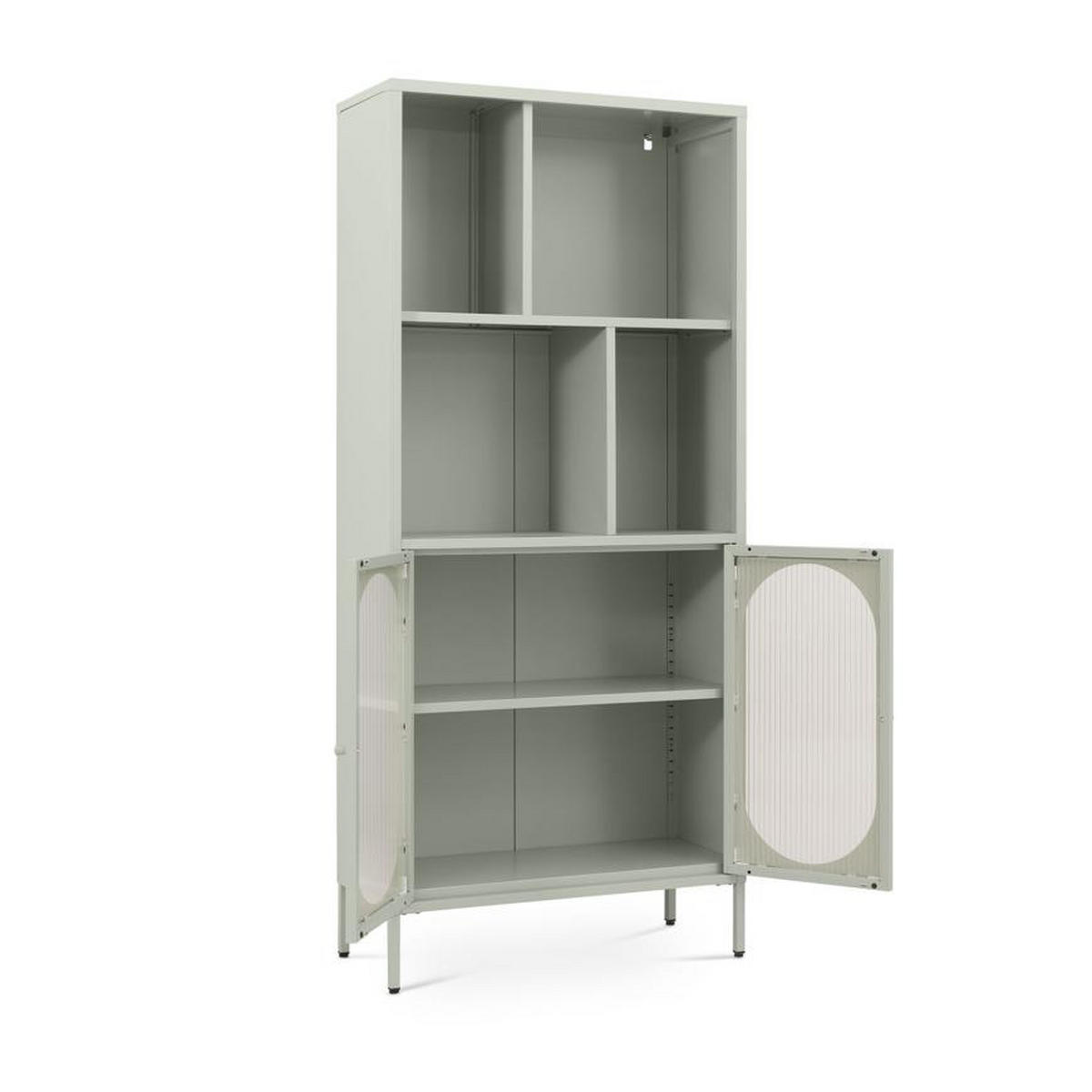 BÜCHERREGAL Metall H180cm 2 Türen 4 Fächer Salbeigrün und Geriffeltes Glas MILIE - Salbeigrün, Metall (35/180/80cm) - Sicaan
