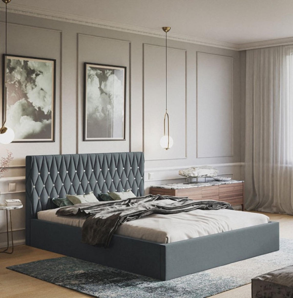 BETT Grau OLDO 3 Gepolstert Mit Kristallknöpfen 160x200 cm - Schwarz/Graphitfarben, Textil (160/200cm) - Sepro Meble