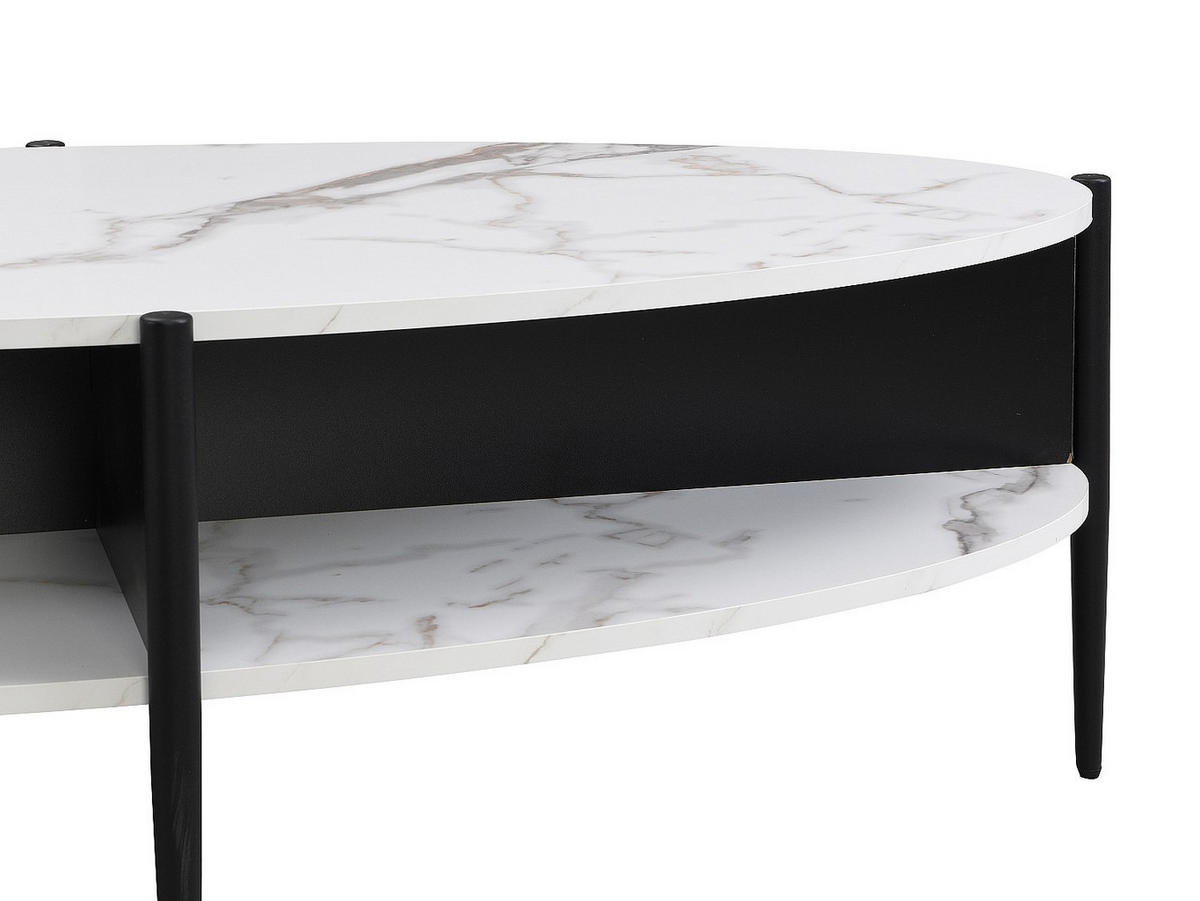 COUCHTISCH oval mit 4 Ablagefächern - MDF & Metall - Marmor-Optik Weiß & Schwarz - EVARO - Schwarz/Weiß, Holz (65/125/39cm) - Vente-Unique