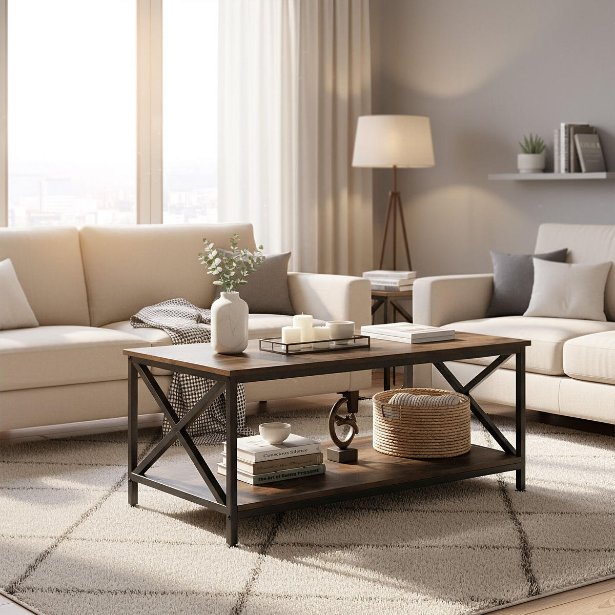 COUCHTISCH Pittsburgh,100 x 55 x 45,5 cm,Industrial Holz dunkel, rustikal - Rostfarben, Holzwerkstoff (100/55/45.5cm) - tectake