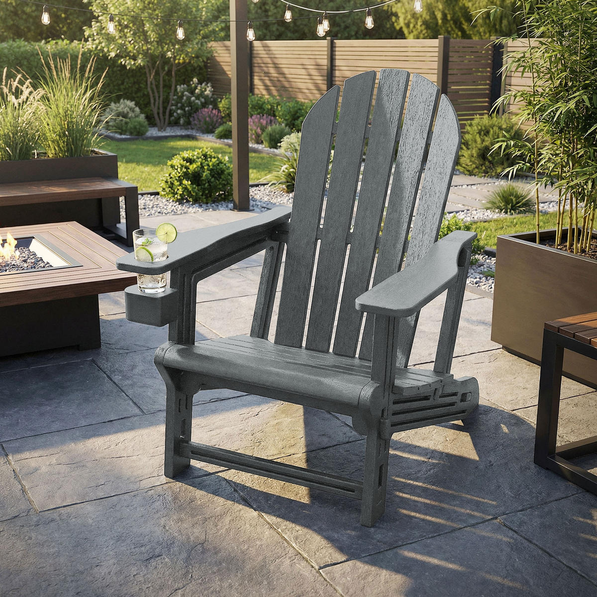 ADIRONDACK LEŽÁK s držákem na nápoje, šedý, z plastu - šedá, plast (54.5/91/76cm) - ML-DESIGN