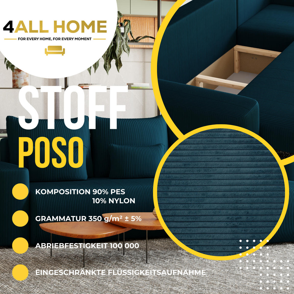 ECKSOFA Travis mit Bettkasten und Schlaffunktion, L-Form, Cord, Universal - Blau, Holzwerkstoff (248/148cm) - 4ALL HOME