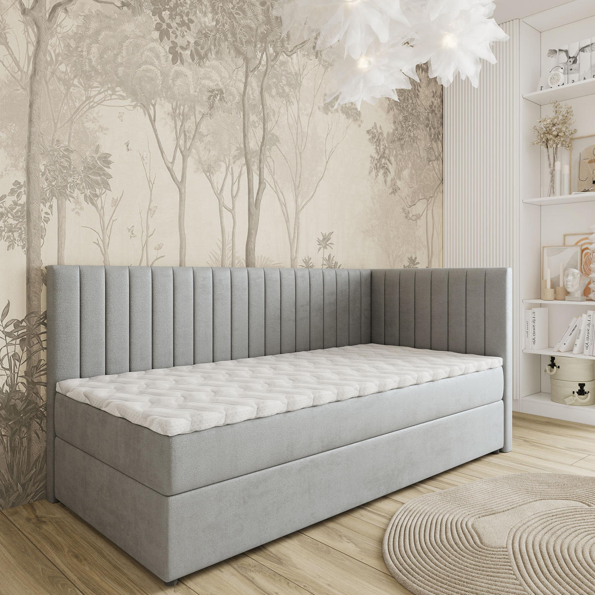 BOXBETT ARIS 80x200 cm mit Matratze und Topper, H2+H3 - Hellgrau - Hellgrau, Holz (80/200cm) - MASSENO