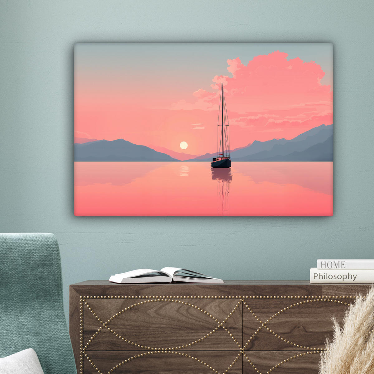 LEINWANDBILD Segelboot - Rosa Meer - Sonnenuntergang - Berge Wanddeko 90x60 cm - Rosa, Textil (90/60cm) - MuchoWow