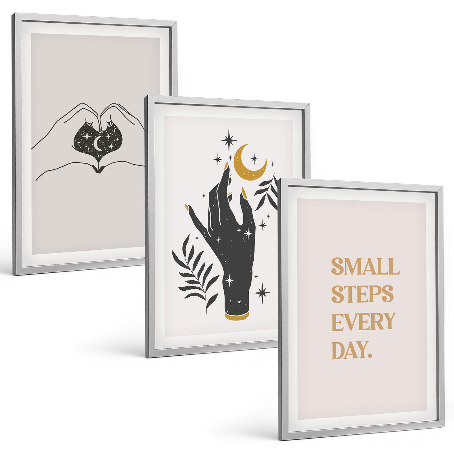 BILDER SET 3er Set - 40x60 cm Silberner Rahmen - Minimalistische Boho-Illustrationen - Silberfarben, Kunststoff (40/60cm) - TULUP