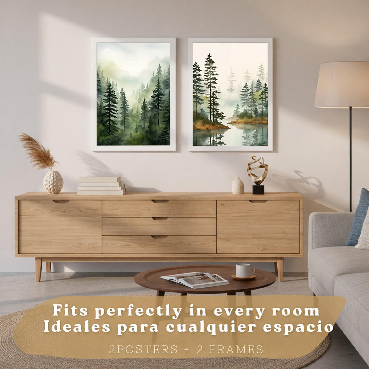 PLAKAT Sada 2 dekorativních tisků Nordic Forest Landscape obývák Obrázky - zelené a hnědé dekorativní plakáty Obývací pokoj A4 bílý rám - bílá, papír (29.7/42/3cm)